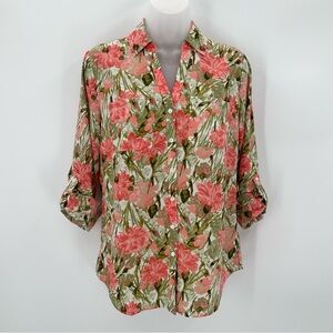 Talbots Blouse Womens S Floral Button Up Roll Tab Sleeve Polyester Top Collared